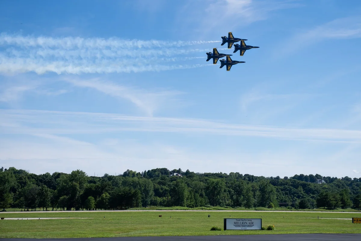 Blue Angels aircraft flying in formation over Chesterfield