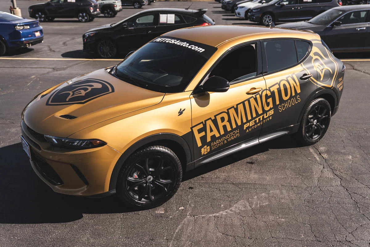 Custom-wrapped Farmington R-7 Dodge Hornet at Pettus CDJR Farmington