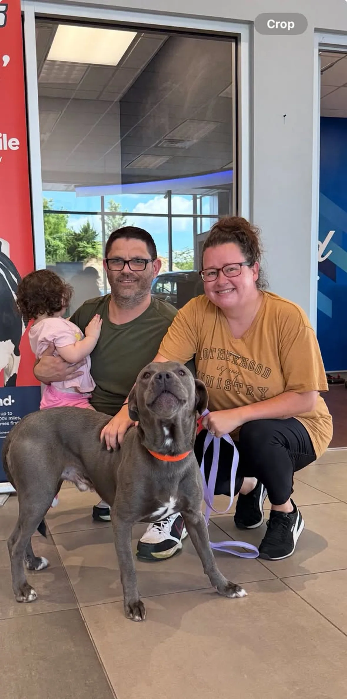 A family meeting an adoptable dog inside Pettus Ford De Soto