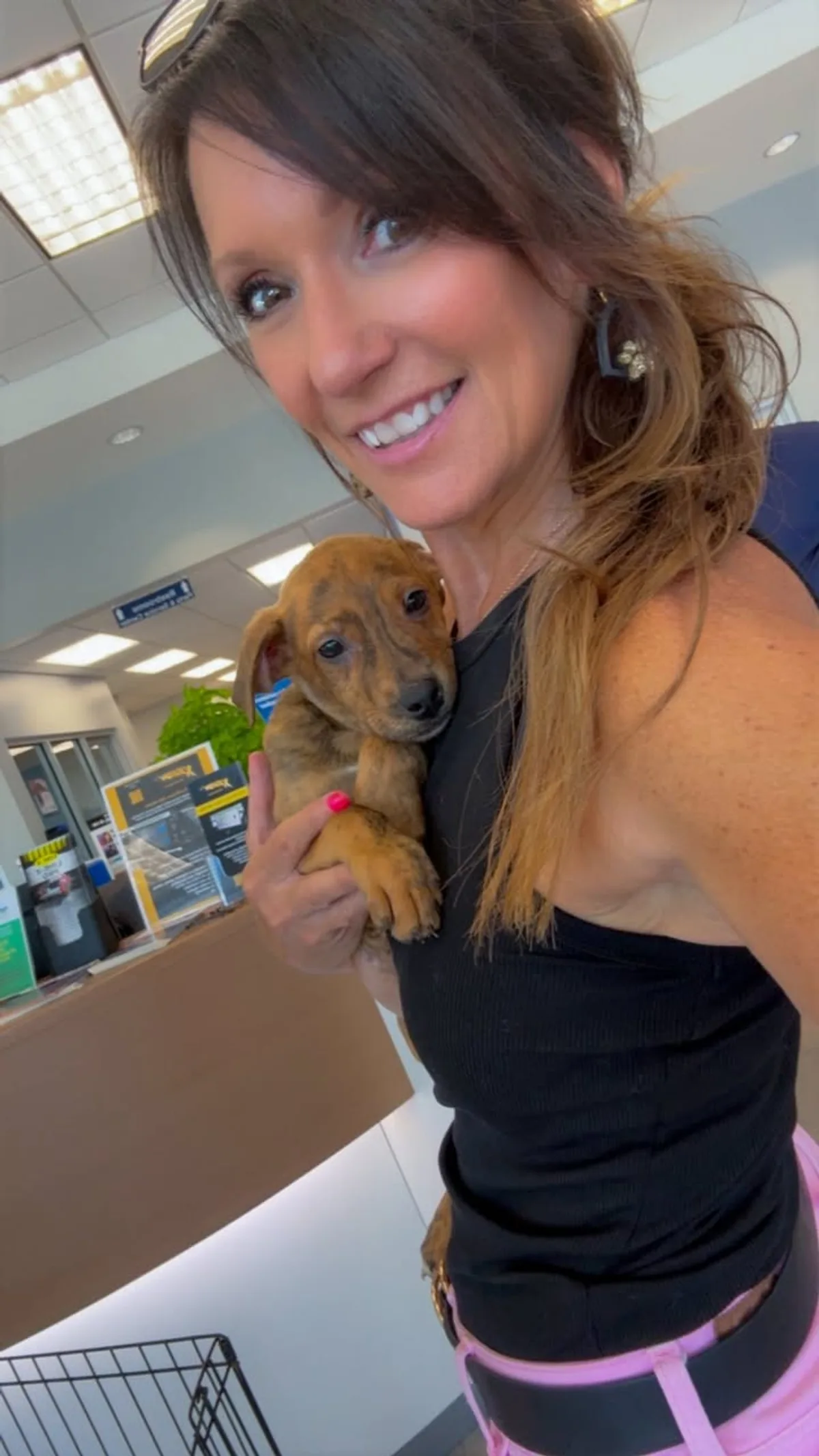 A visitor cuddling a puppy inside Pettus Ford De Soto