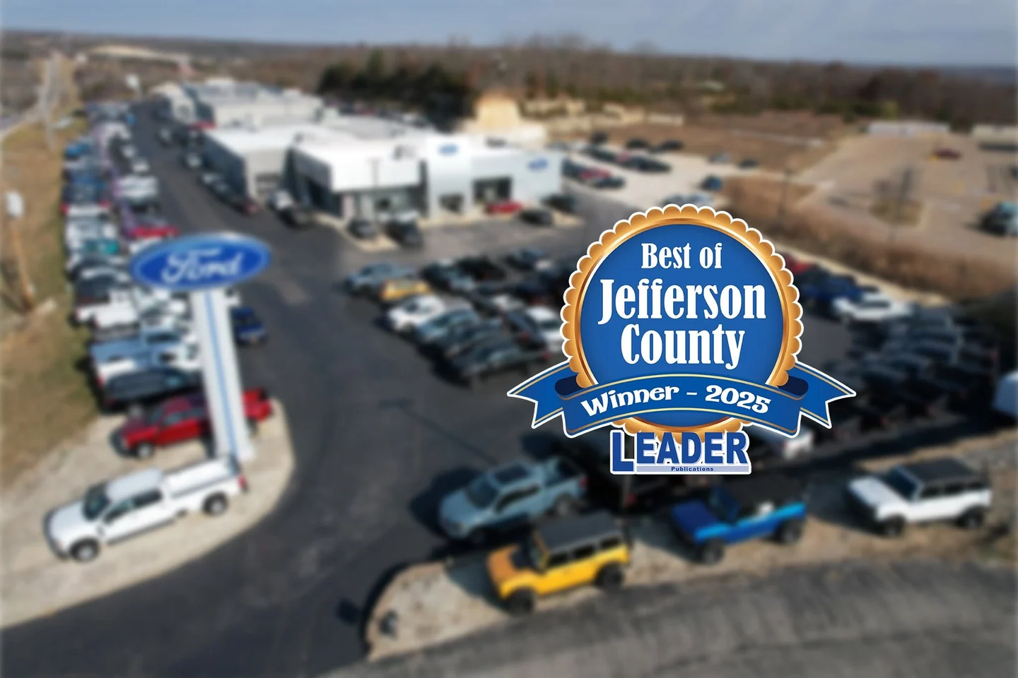 Aerial view of the Pettus Ford De Soto dealership and 2025 Best of Jefferson County recognition